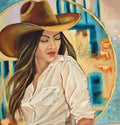 Artistic depiction of a woman wearing a cowboy hat with abstract background