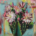Artistic depiction of Blooming cactus with a colorful background