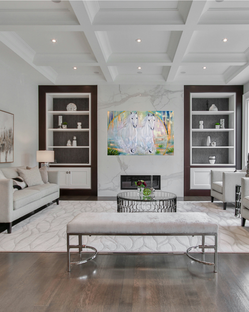 Modern living room with white walls, wooden floor, and decorative elements. Oil painting of two white horses on the wall over the modern fireplace. 