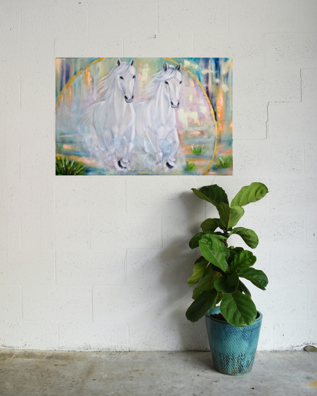 Painting of two white horses on a wall next to a potted plant.