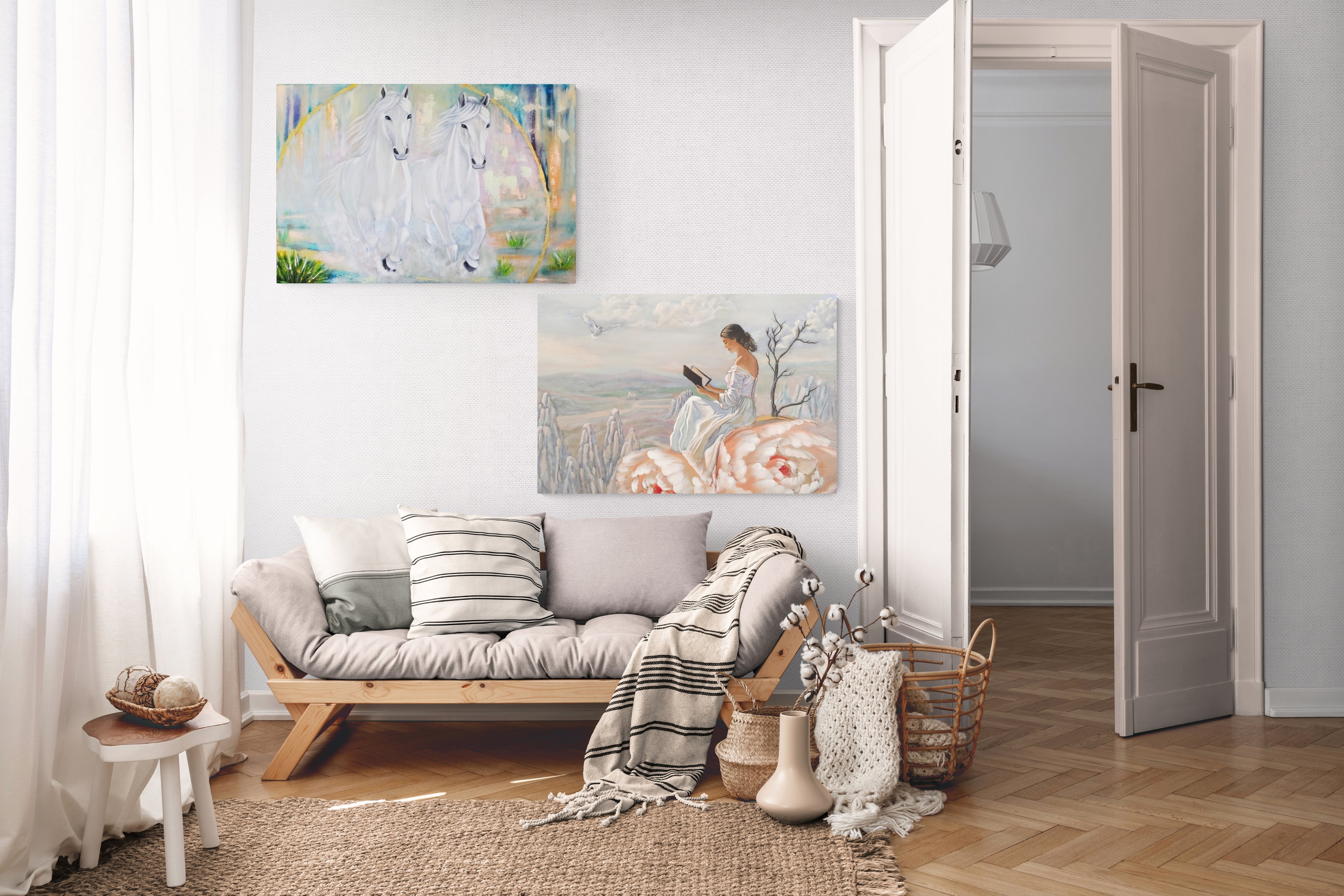 Living room with a sofa, decorative pillows, and wall art.