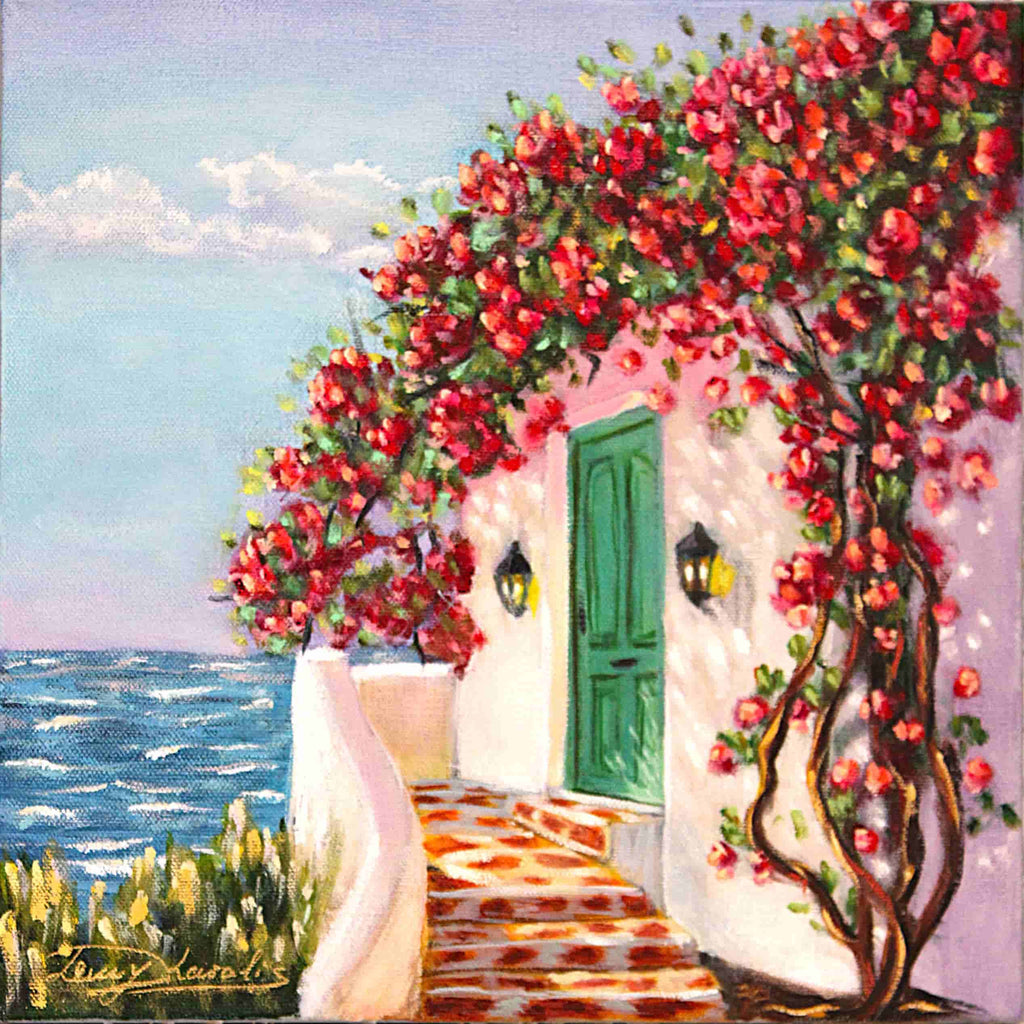 Painting of a Mediterranean house with a green door and red flowering trees by the sea.