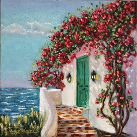 Painting of a Mediterranean-style house with a green door and red flowers, overlooking the ocean.