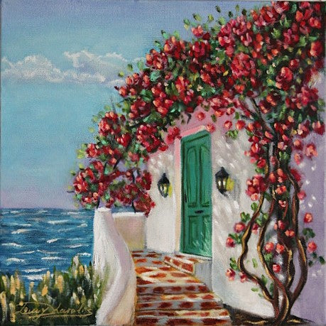 Painting of a white building with a green door and red flowers by the sea.