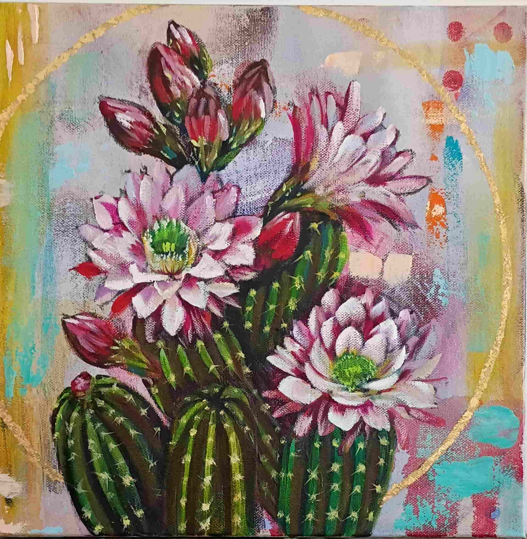 Colorful painting of cacti with flowers on a abstract background