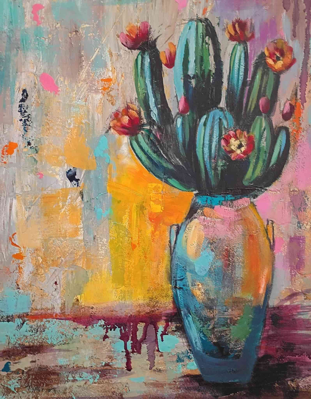 Colorful abstract painting of a cactus with flowers in a vase.