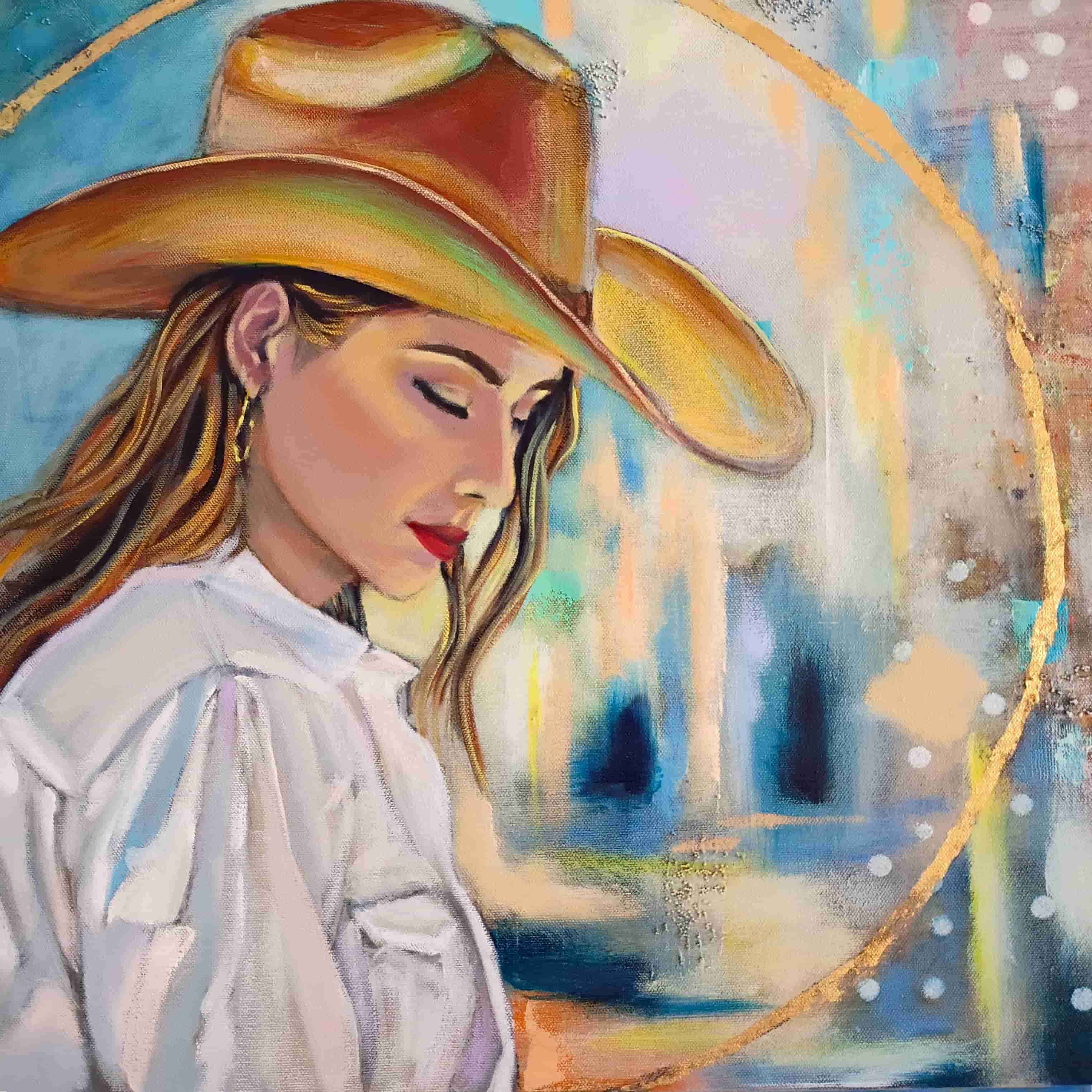 Artistic depiction of a woman wearing a wide-brimmed hat with abstract background