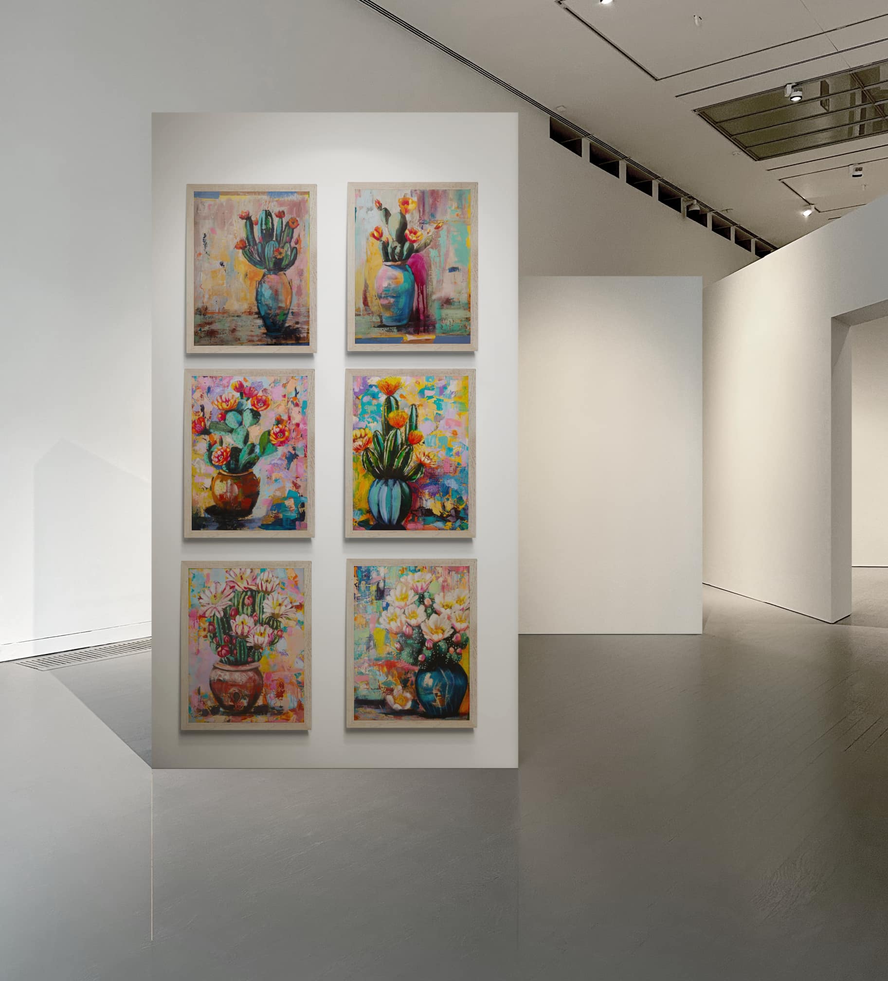 Art gallery with colorful floral and abstract paintings on a white wall.