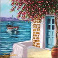 Painting of a coastal scene with a boat, flowers, and a building.