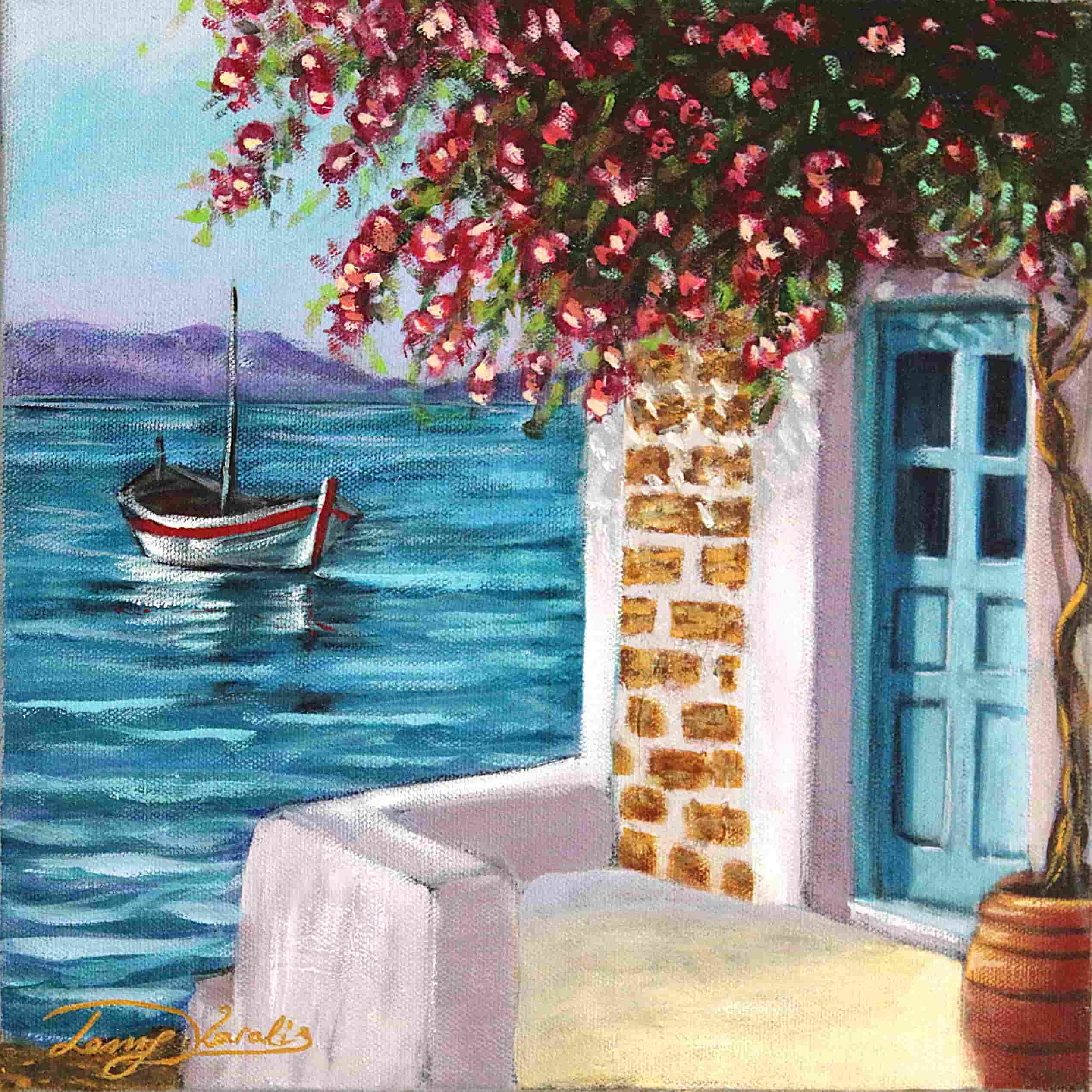 Painting of a coastal scene with a boat, flowers, and a building.