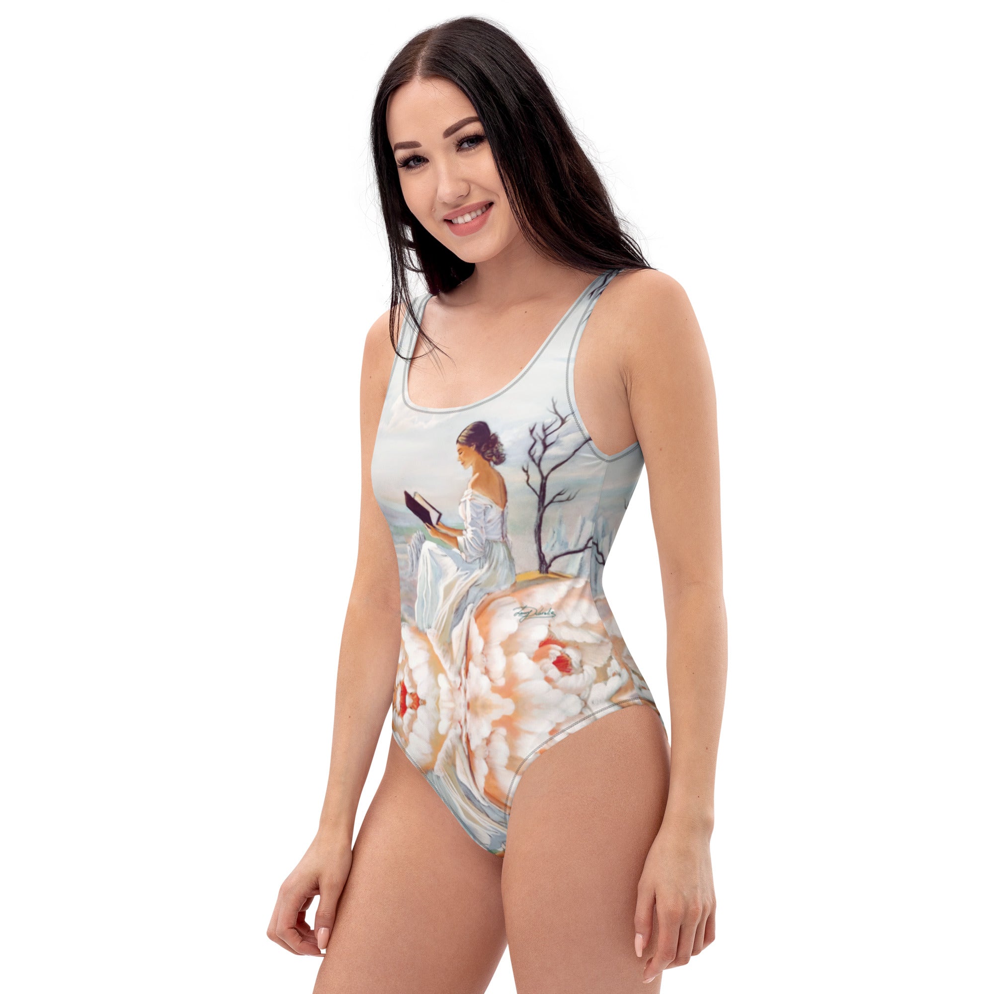 A woman is wear an one piece swimsuit with "Sophia the spirit of wisdom" oil painting  printed on it. 