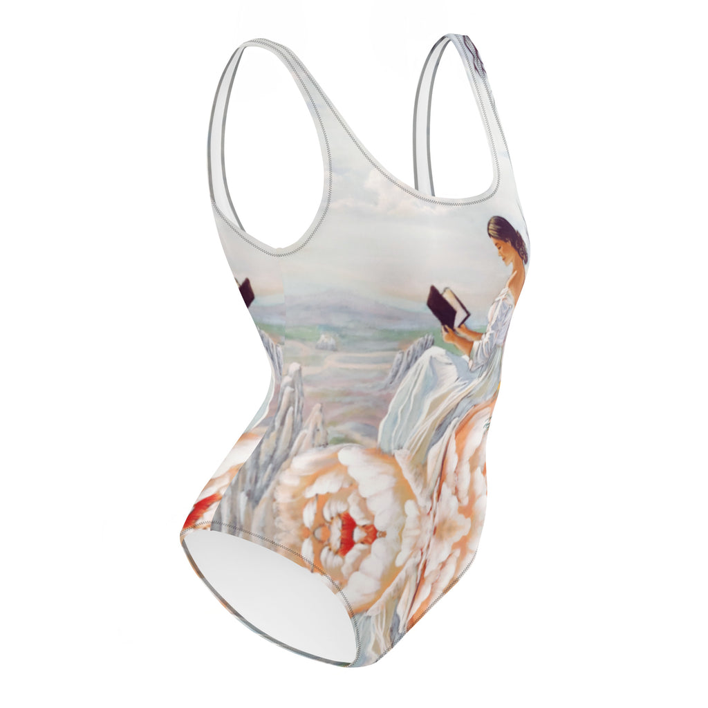 on side art print on swimsuit 