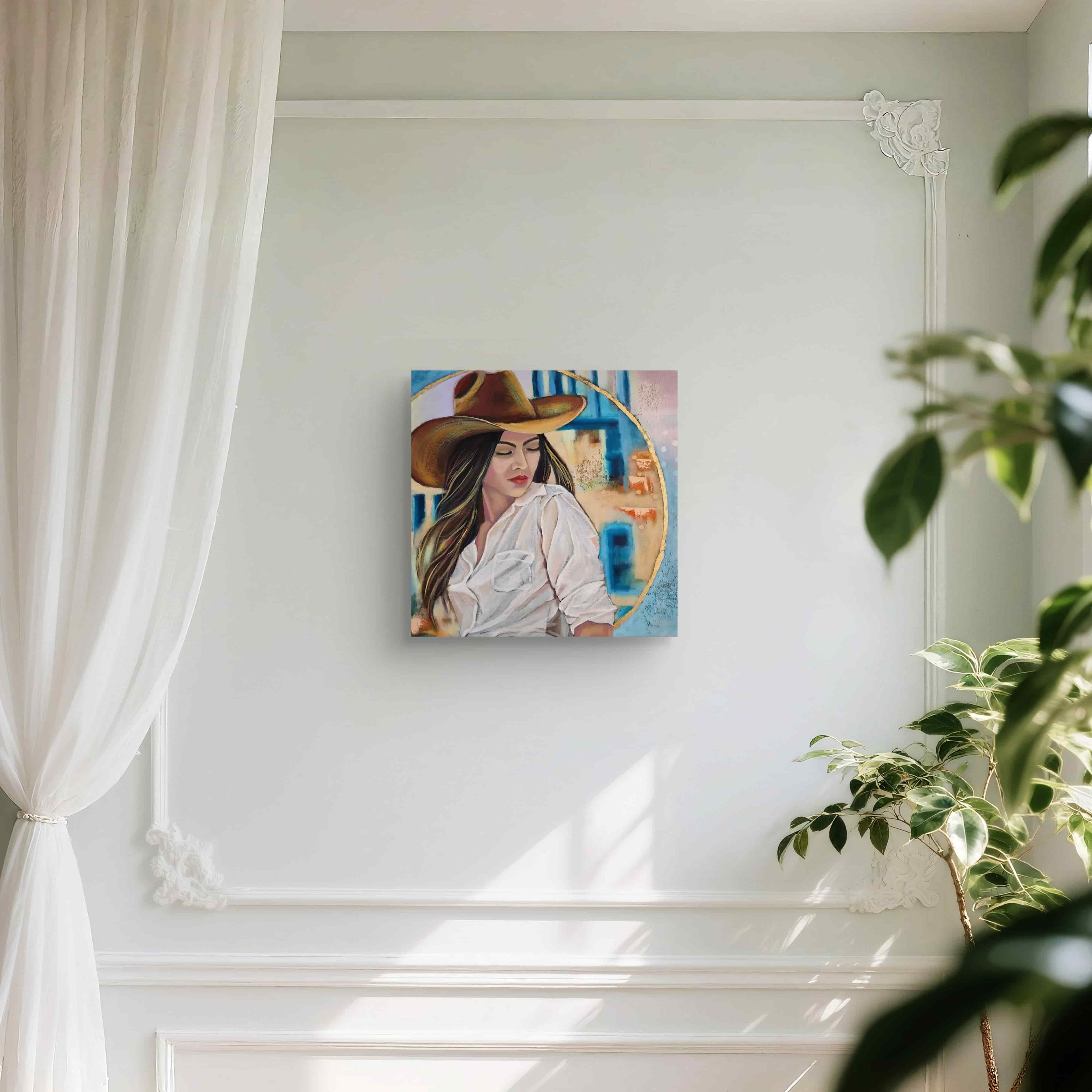 Mixed Media Painting of a woman wearing a hat on a white wall with a plant in the corner