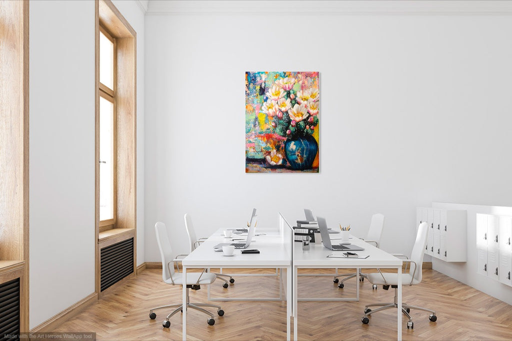 Modern office with a colorful floral painting on the wall